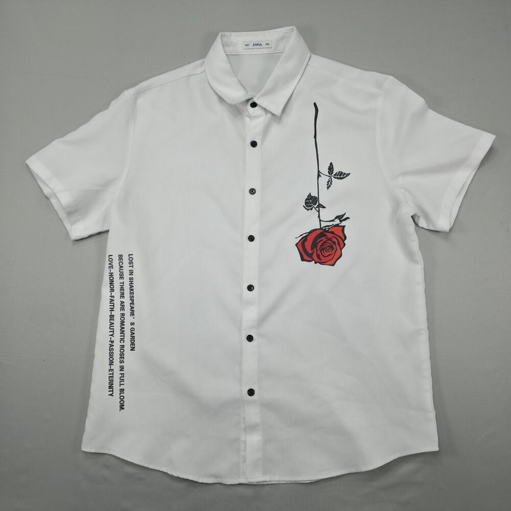ZAFUL Mens Button Up Shirt White Rose Graphic Short Sleeve Casual Streetwear